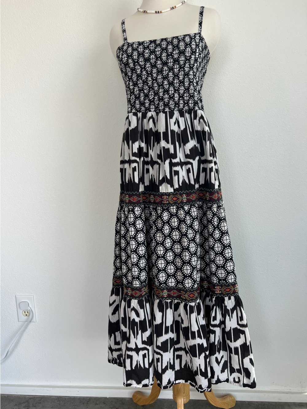 For The Republic Dress Black White Ikat Smocked Tiered Maxi Cotton Womens Medium